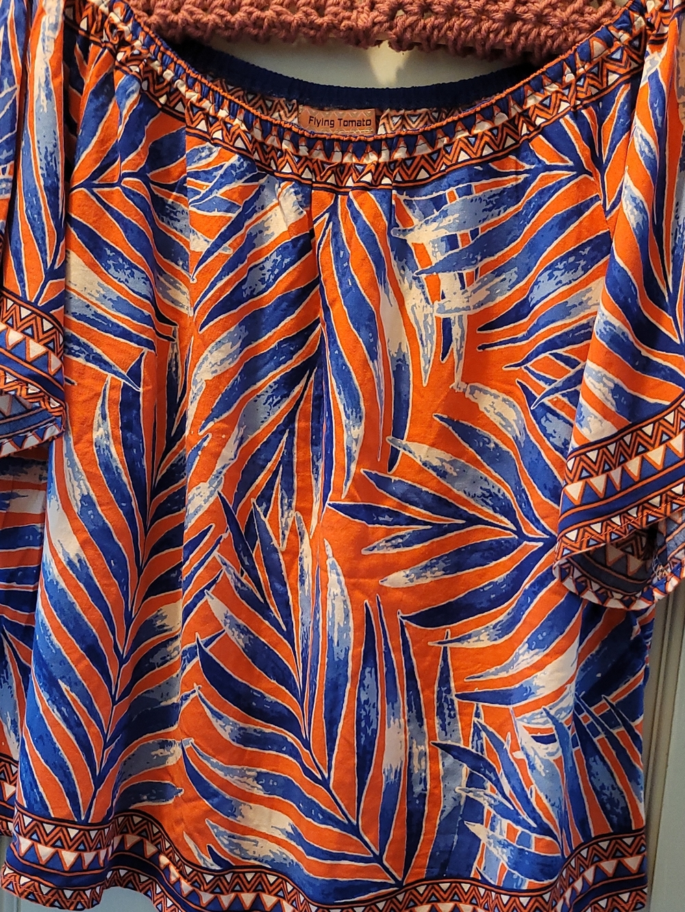 Flying Tomato Vibrant Orange and Blue Tropical Print Blouse
